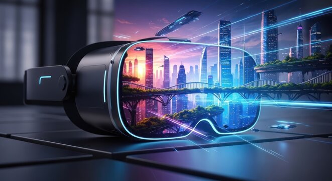 Immersive Virtual Reality Experience Showcasing a Futuristic Cityscape Through VR Headset