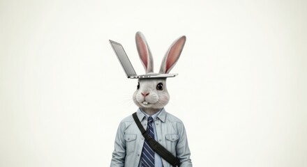 Rabbit businessman with laptop on head concept, humorous and creative image depicting modern