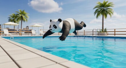 Playful panda dives joyfully into a bright blue swimming pool near tropical palms