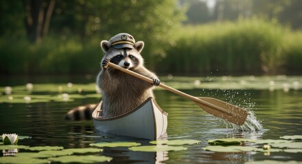 Raccoon rowing boat in a pond with water lilies during summer in a tranquil landscape offering a