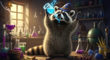 Raccoon wizard enthusiastically drinks blue potion in a whimsical laboratory full of colorful