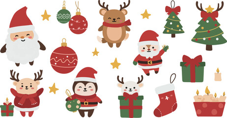 Cute Pixel Art Christmas Characters and Ornaments Flat Vector Icons