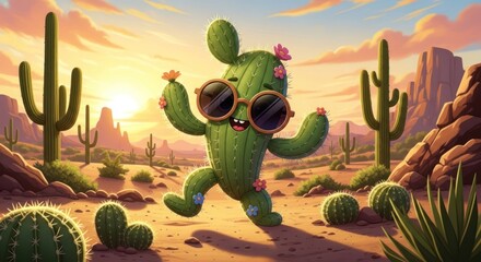 Whimsical cactus character enjoying a sunny day in the desert landscape art illustration