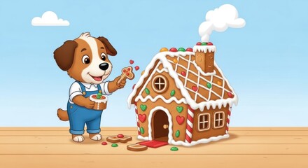 Whimsical Cartoon Dog Decorating Gingerbread House with Festive Cheer and Joyful Spirit