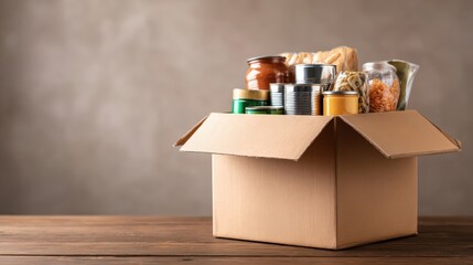 Box Filled With Food Donations On Wooden Table Ready For Charity Drive