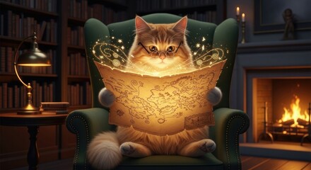Whimsical feline scholar engrossed in magical map amidst cozy library ambiance