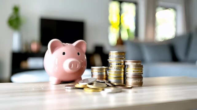 Money saving deposit financial planning concept. piggy bank and stacks of coins on wooden tablepink piggy bank.