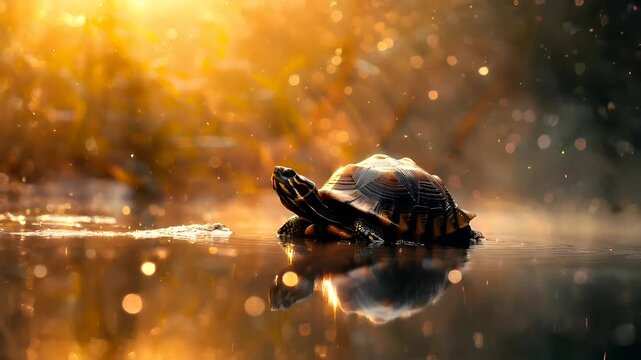A closeup shot of a turtle in water, with a bokeh effect in the background. The turtles shell is a mix of dark and light colors, with intricate patterns and textures. The water is calm.