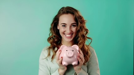 Money saving deposit financial planning concept. A woman with wavy brown hair holds a pink piggy bank against a turquoise background. - Powered by Adobe