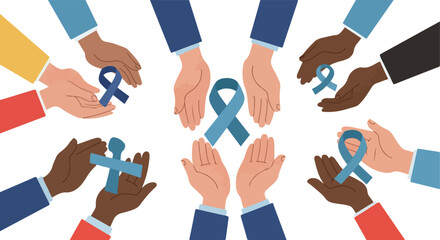 Diverse Hands Offer Teal Awareness Ribbons For Ovarian Cancer Support Flat Design