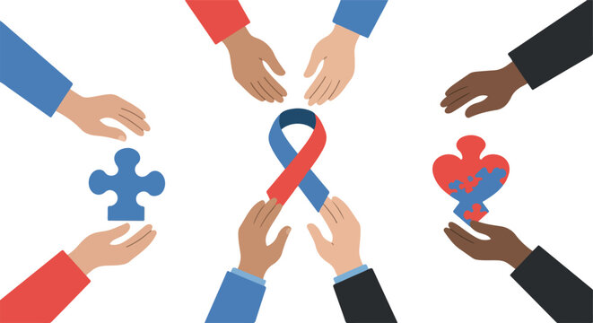 Diverse Hands Form Puzzle Heart Around Red Blue Ribbon Support