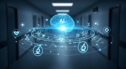 AI Brain with Medical Holographic Interface in Hospital Corridor: Healthcare Technology & Future Medicine Concept