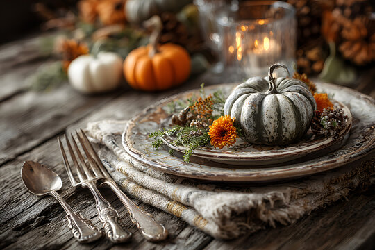 Autumn or Fall table place setting with vintage silverware decorated with autumnal leaves and decorative pumpkins with a plate on rustic wooden background for Thanksgiving Day. - Powered by Adobe