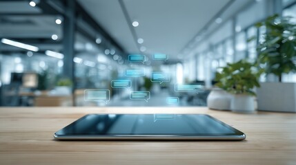 Digital Tablet with Holographic Interface Displaying Data Flow in Modern Office Space