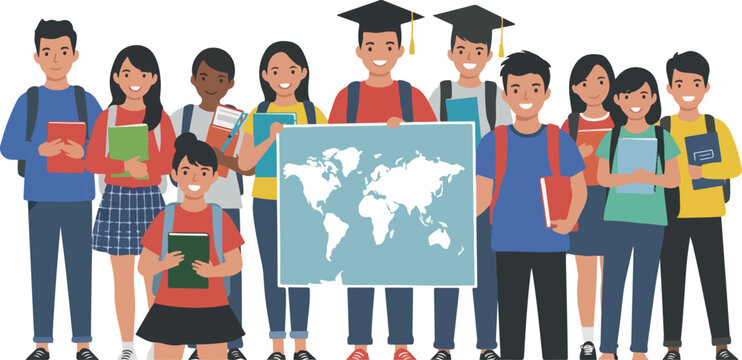 Diverse Students Celebrate Global Education With World Map Vector Art - Powered by Adobe
