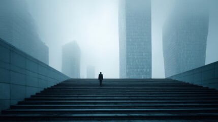 Obraz premium Solitary Figure Ascending Steps Towards Fog-Enshrouded Skyscrapers, Modern Urban Landscape in Blue Tones