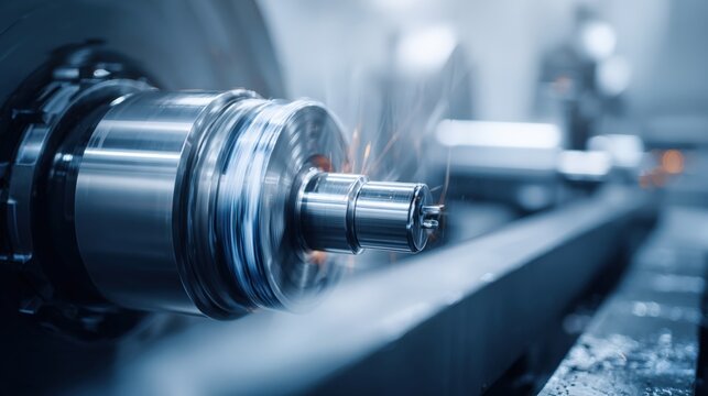 Precision Metalworking: Close-up of a Lathe in Operation, Showcasing Machining and Sparks in a Manufacturing Environment - Powered by Adobe