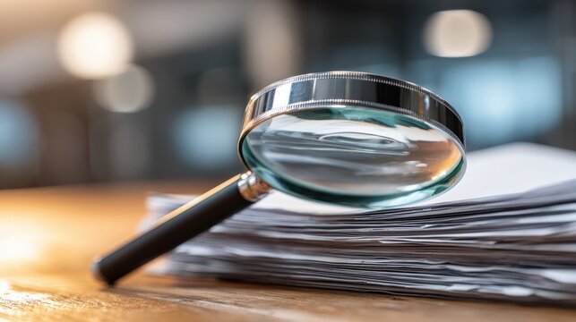 Magnifying Glass Over Documents Represents Review, Analysis, Investigation, and Scrutiny in Business Context