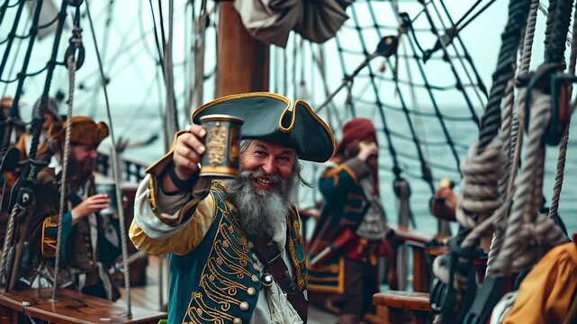 A vivid portrayal of a pirate ship deck, with a central figure in a tricorn hat sipping from a mug. The ships rigging is intricate, with ropes and pulleys stretching across the deck.