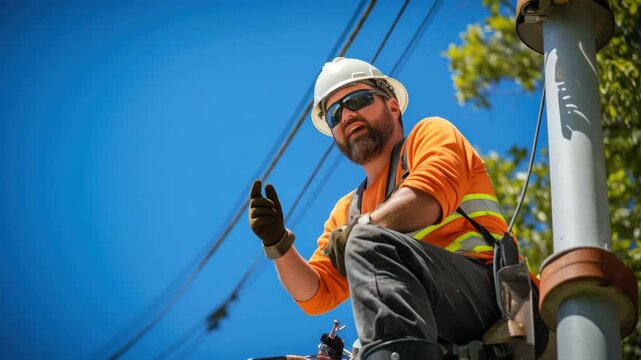 Electrician working on power lines under a clear blue sky while giving a thumbs up to a coworker below