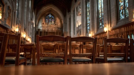 Fototapeta premium Interior View of Historic Chapel with Wooden Chairs and Stained Glass Windows
