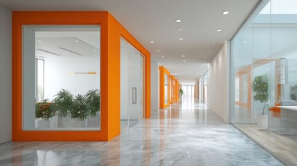 Obraz premium Modern Office Interior with Orange Accents and Glass Partitions, Creating a Bright and Professional Workspace Environment