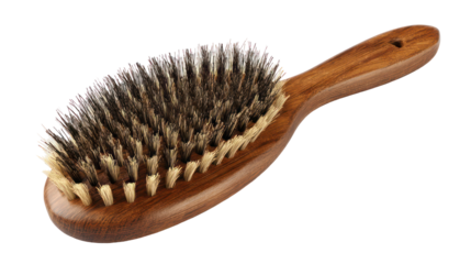 Natural boar bristle beard brush with wooden handle isolated on transparent background