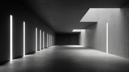 Fototapeta premium Modern Minimalist Architecture: Interior Perspective of a Concrete Hallway with Natural Light and Geometric Design