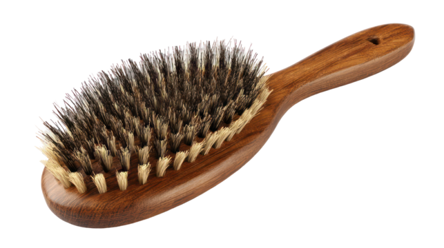 Natural boar bristle beard brush with wooden handle isolated on transparent background