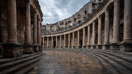 Obraz premium Ancient Roman Theater with Arches and Columns Under a Dramatic Sky, Architectural Heritage and Historical Significance