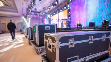 Event production equipment setup with stage lighting, road cases, and rigging backstage view preparation