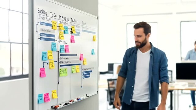 A man points at a white board with sticky notes in an office setting. The whiteboard outlines project steps