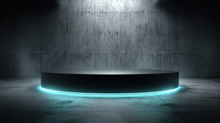 Obraz premium Futuristic Product Showcase: Illuminated Platform on Concrete Backdrop, Ideal for Tech, Beauty, and Modern Design