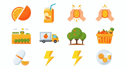 Fototapeta premium Fresh Orange Produce and Delivery Icons Set
