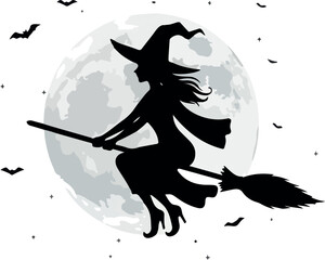 Halloween Witch Flying Silhouette Against Full Moon with Bats