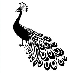 Elegant black peacock illustration isolated on white background, showcasing intricate feather details and graceful posture in a classic silhouette design