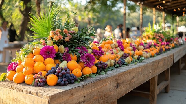 A long wood table with fresh oranges, grapes, pears and flowers is displayed. It is suitable for event themes, vibrant decorations, or celebrating the harvest.