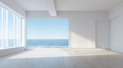 Fototapeta premium Bright Coastal Interior with Ocean View: Minimalist Modern Space with Expansive Windows and Natural Light