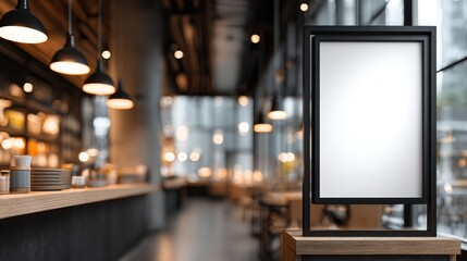 Blank Advertising Sign in Modern Cafe, Restaurant Setting - Mockup for Menu, Promotion, or Advertisement