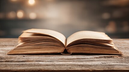 Naklejka premium Open vintage book on a rustic wood table, evoking nostalgia and a sense of timeless wisdom
