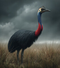 A majestic cassowary stands proudly against a dramatic sky, its colorful neck and formidable presence captured in a stunning wildlife portrait