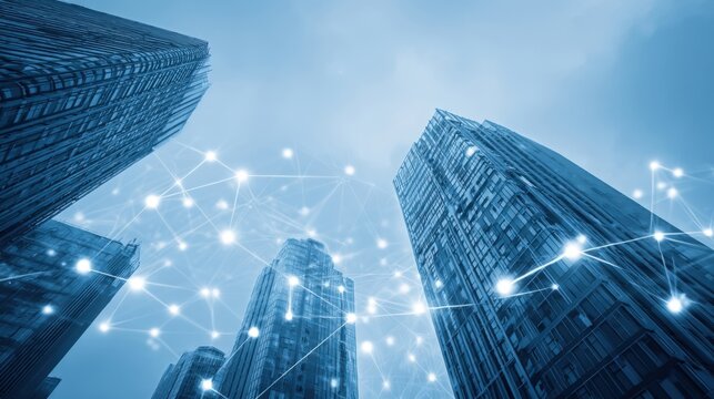 Futuristic Urban Network: Low Angle View of Skyscrapers with Digital Connection Overlay in Blue