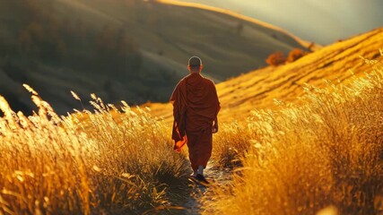 Monk walking through golden grass fields at sunset in serene countryside landscape