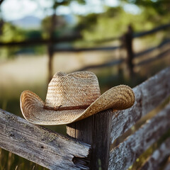 Rustic cowboy hat resting on weathered wooden fence with a blurred background of greenery, evoking a sense of rural charm and western heritage