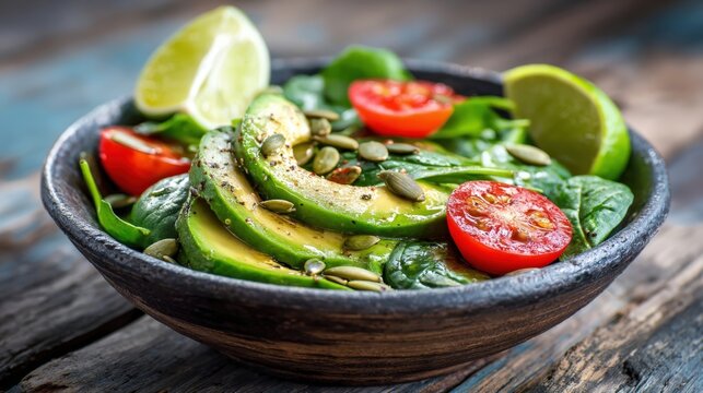 Healthy Avocado Salad with Spinach, Cherry Tomatoes, and Lime in a Rustic Bowl