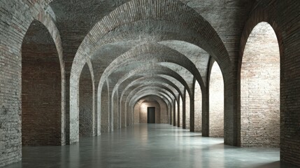Grand Arched Brick Hallway: Architectural Elegance and Atmospheric Depth in Historical Stone Structure