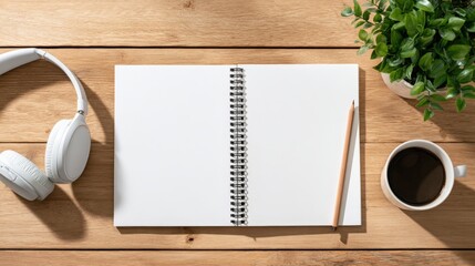 Workspace Flat Lay with Notebook, Headphones, Coffee, and Plant on Wooden Desk for Creativity and Productivity