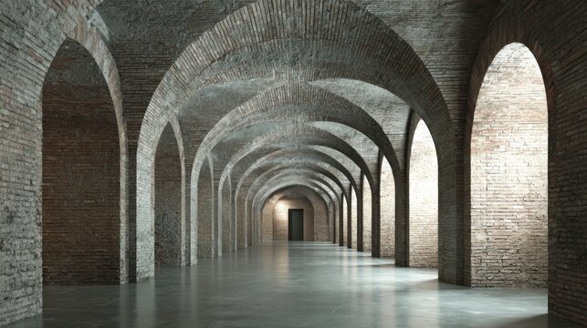 Grand Arched Brick Hallway: Architectural Elegance and Atmospheric Depth in Historical Stone Structure - Powered by Adobe