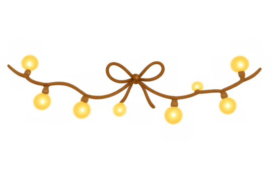 Glowing string lights garland with a tied bow, illuminating a festive celebration or holiday event decoration on transparent background