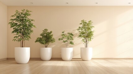 Fototapeta premium Indoor Plants in White Pots Against a Beige Wall Enhancing Modern Interior Design